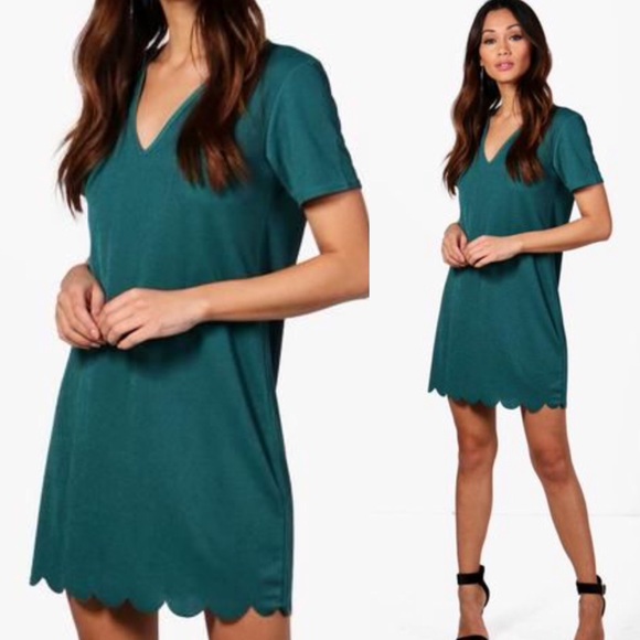 🆕 green scallop trim hem & sleeve shift dress - Picture 2 of 4